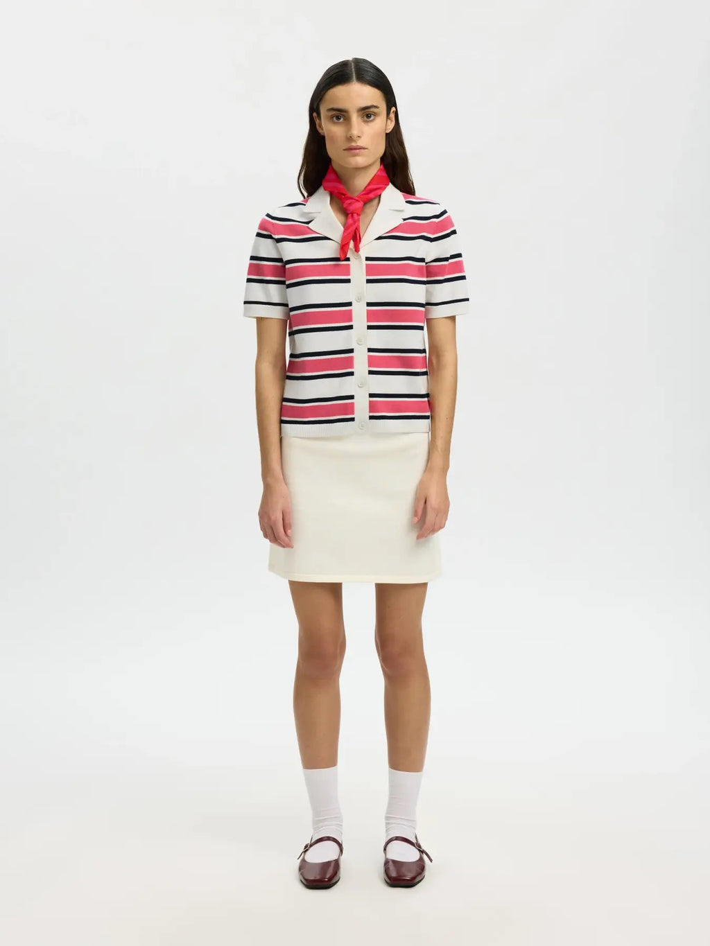 Famour Knit Polo Cardigan - Egret/Hot Pink/Sky Captain