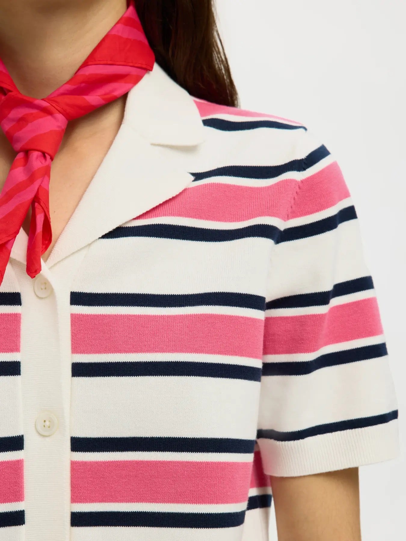 Famour Knit Polo Cardigan - Egret/Hot Pink/Sky Captain