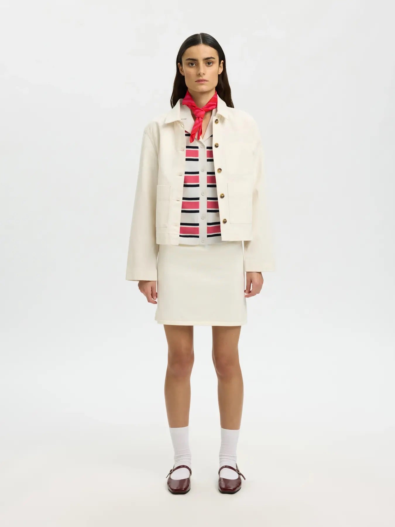 Famour Knit Polo Cardigan - Egret/Hot Pink/Sky Captain