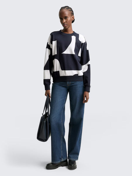 Loose Fit Patterned Sweatshirt - Navy/White