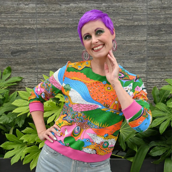 Landscape Pullover - Rainbow With Fuchsia Cuffs