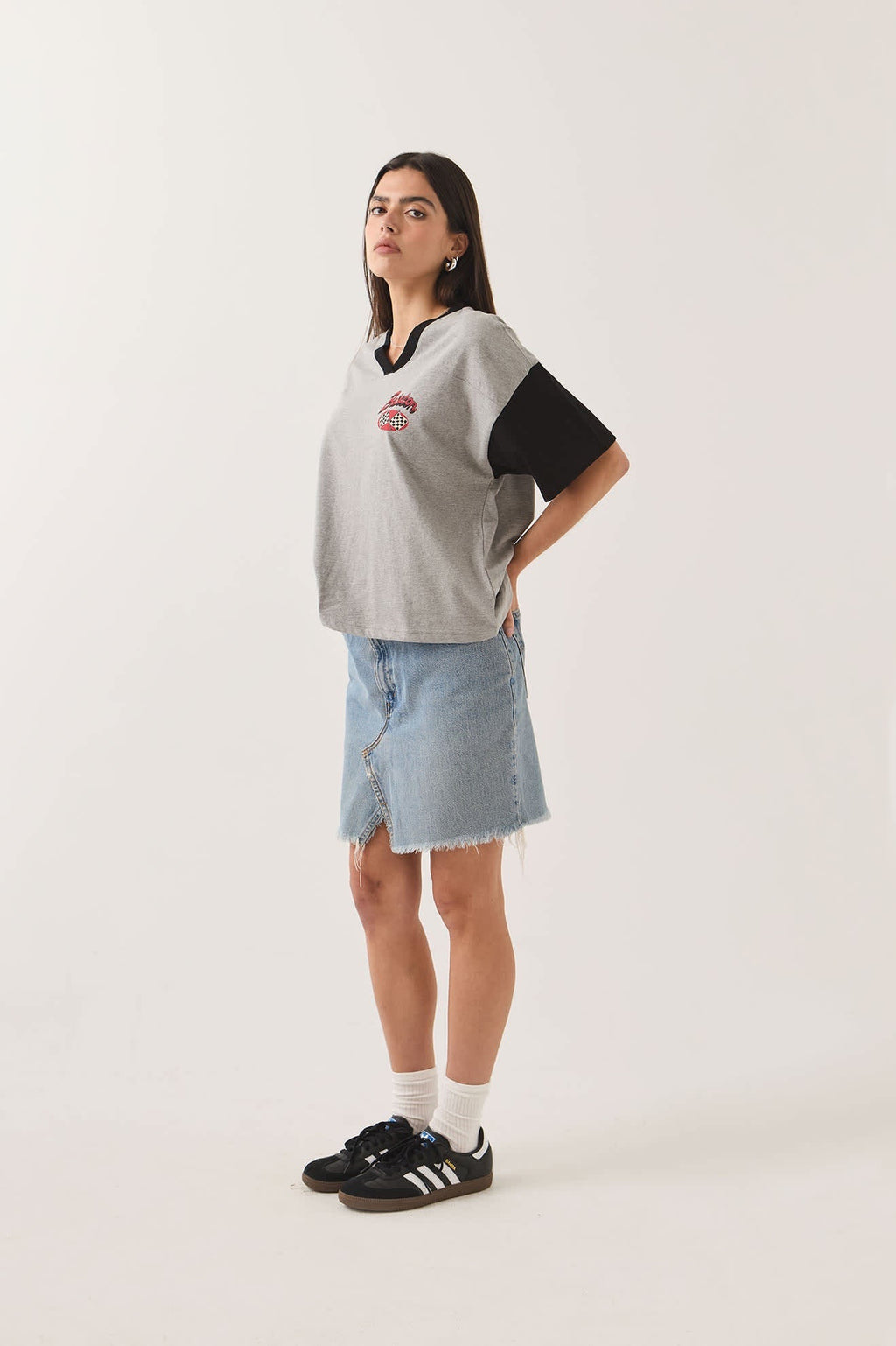 Winner's Circle Boxy Football Tee - Heather Grey/Black