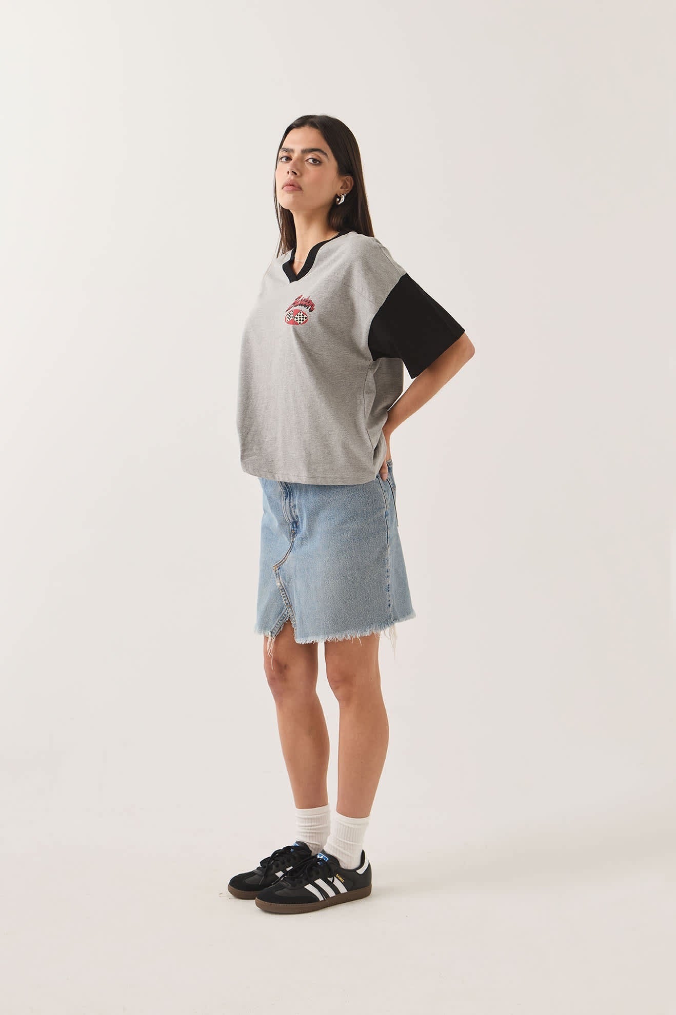 Winner's Circle Boxy Football Tee - Heather Grey/Black