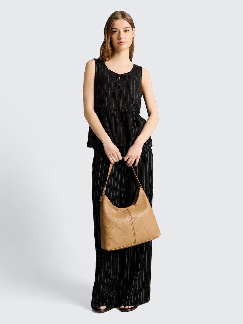 Linen Mix Blouse With Bow - Black/Beige