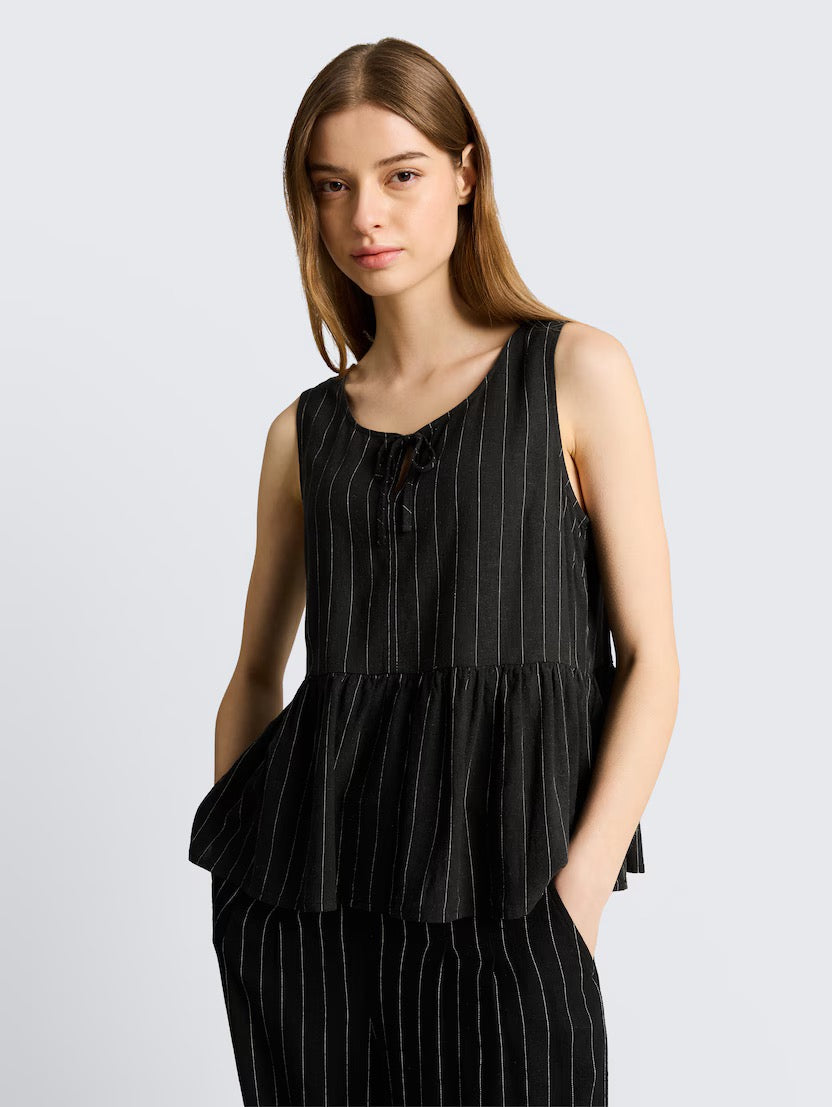 Linen Mix Blouse With Bow - Black/Beige