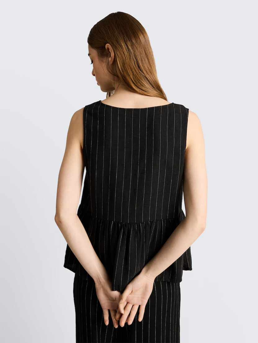 Linen Mix Blouse With Bow - Black/Beige