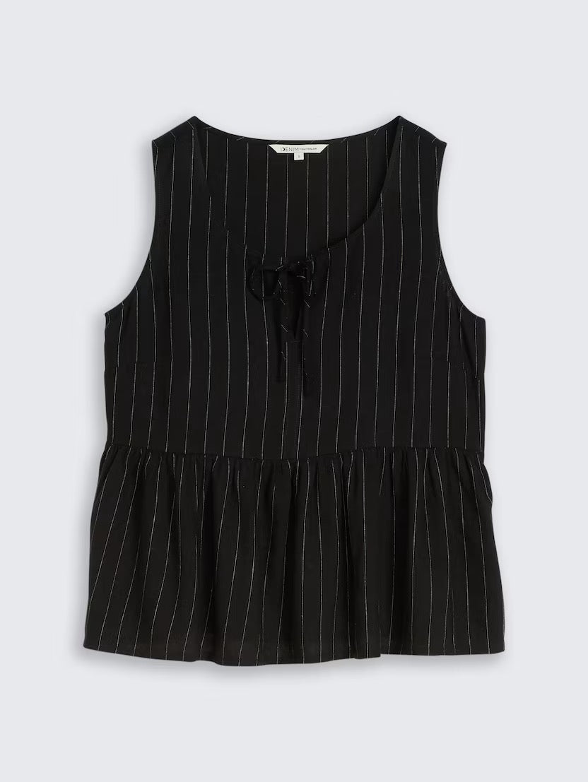 Linen Mix Blouse With Bow - Black/Beige