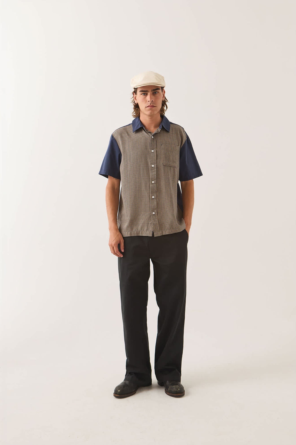 Cru Short Sleeve Woven - Classic Navy Colourblocked