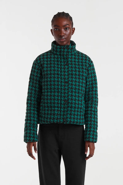 Black & Green Houndstooth Quilted Coat