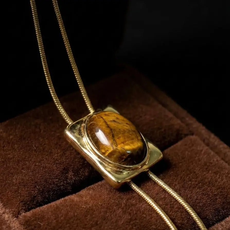 Claire Long Bolo Tie Necklace - Tigers Eye Cabochon