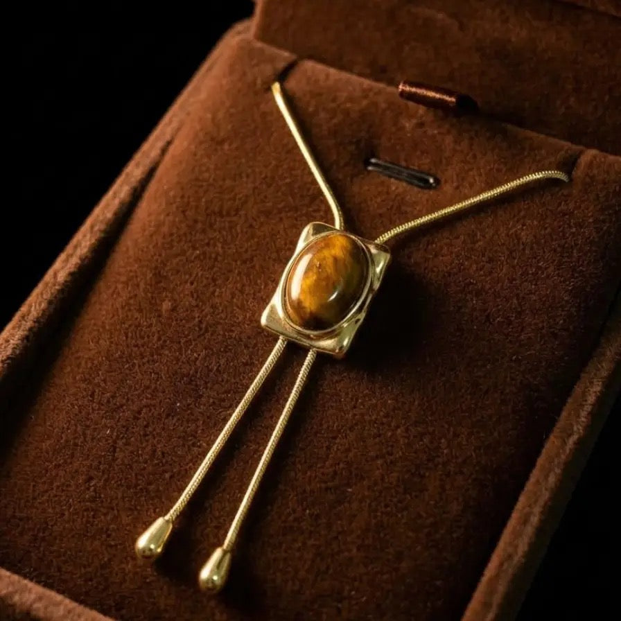 Claire Long Bolo Tie Necklace - Tigers Eye Cabochon