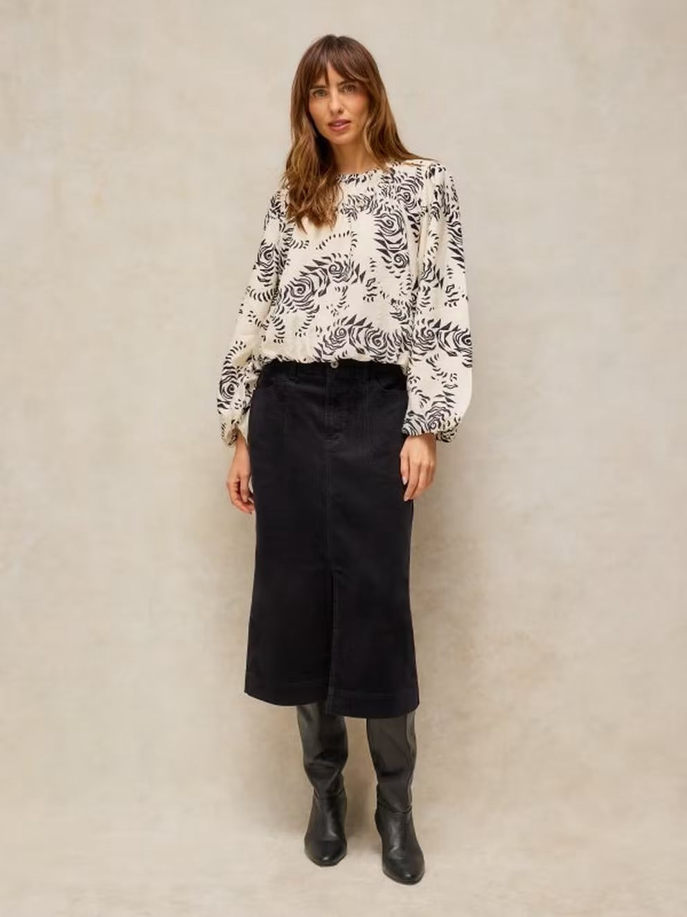 Lyra Bubble Hem Top - Ivory Print