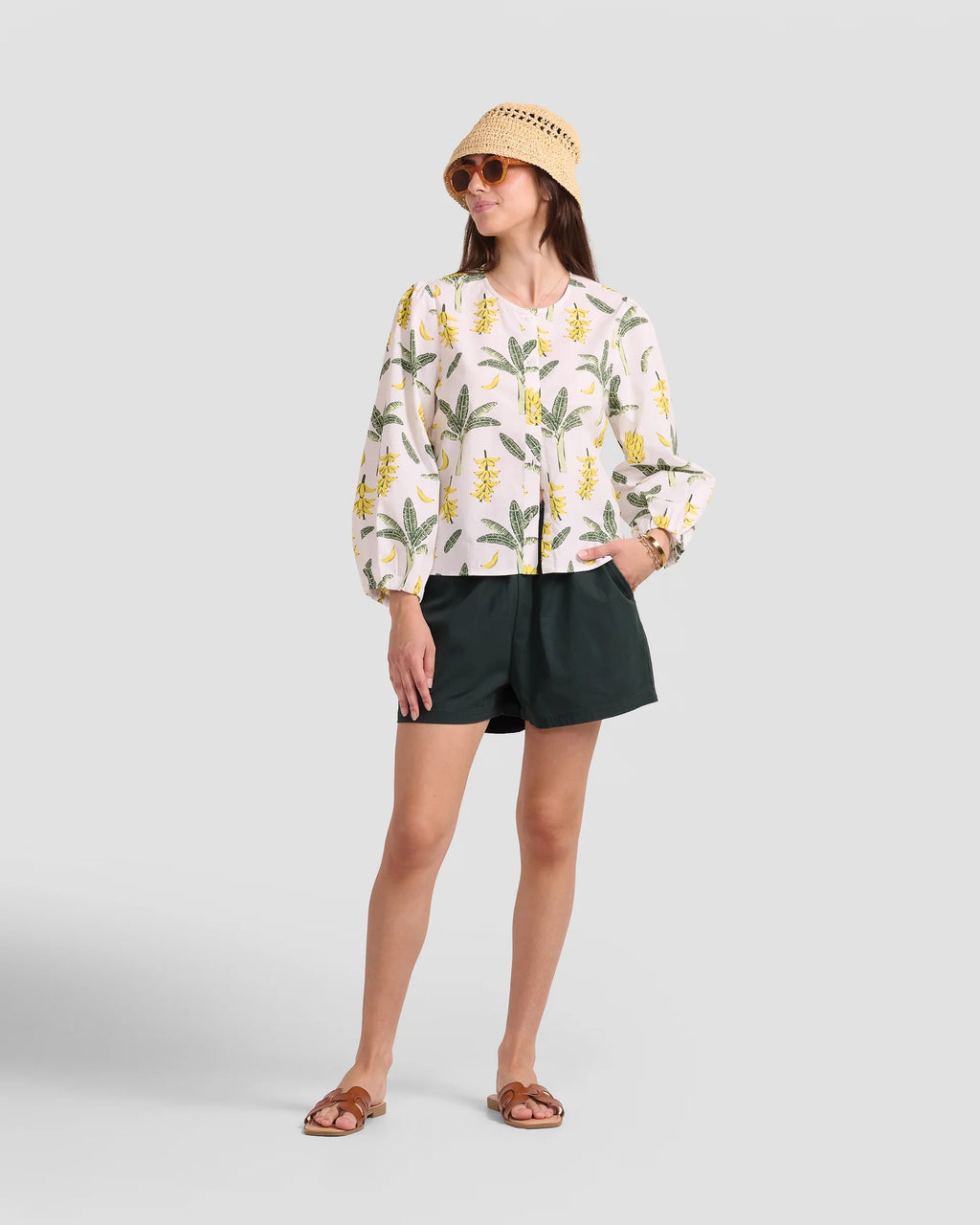 Puff Sleeve Blouse With Hand-Drawn Banana Leaf Print
