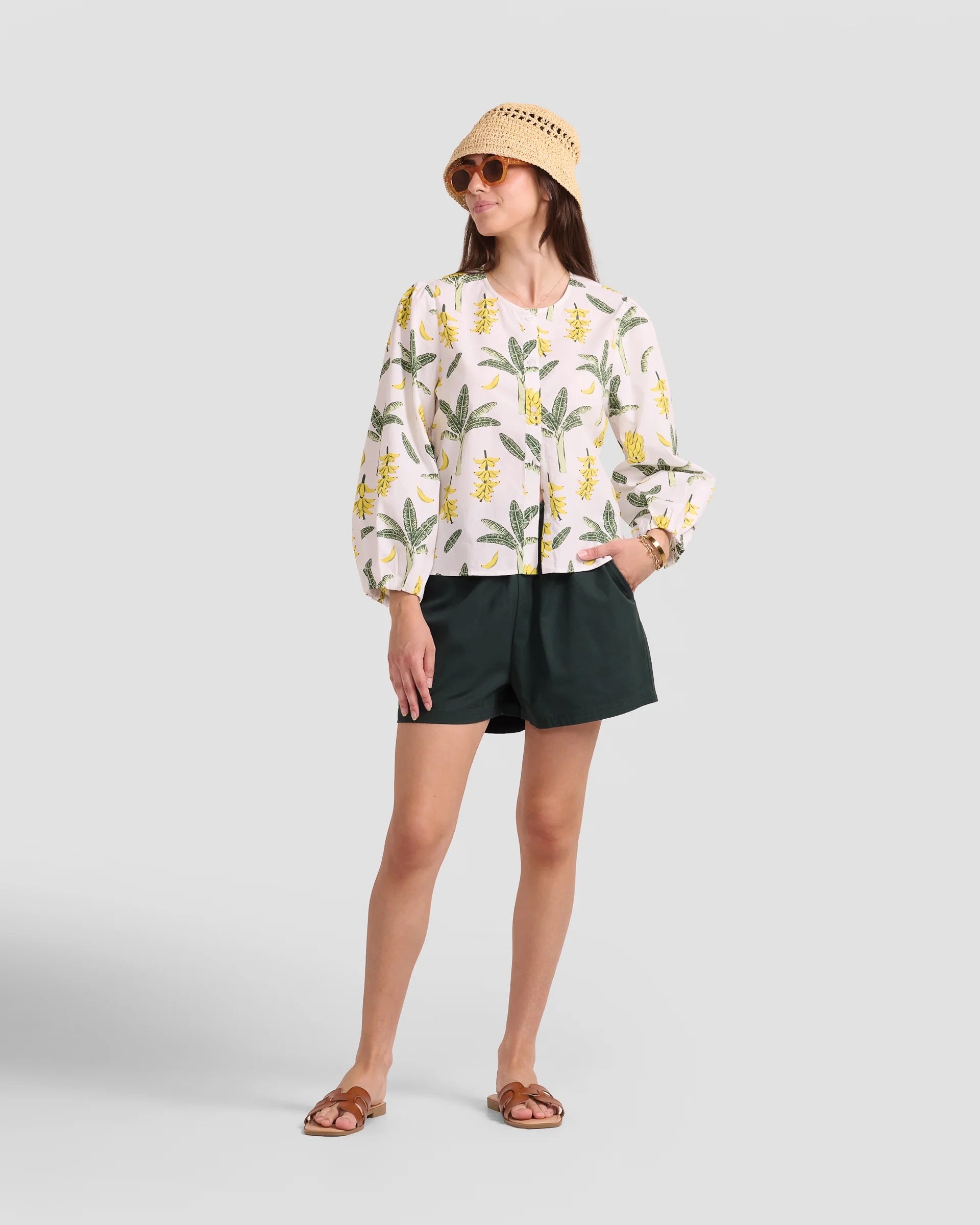 Puff Sleeve Blouse With Hand-Drawn Banana Leaf Print