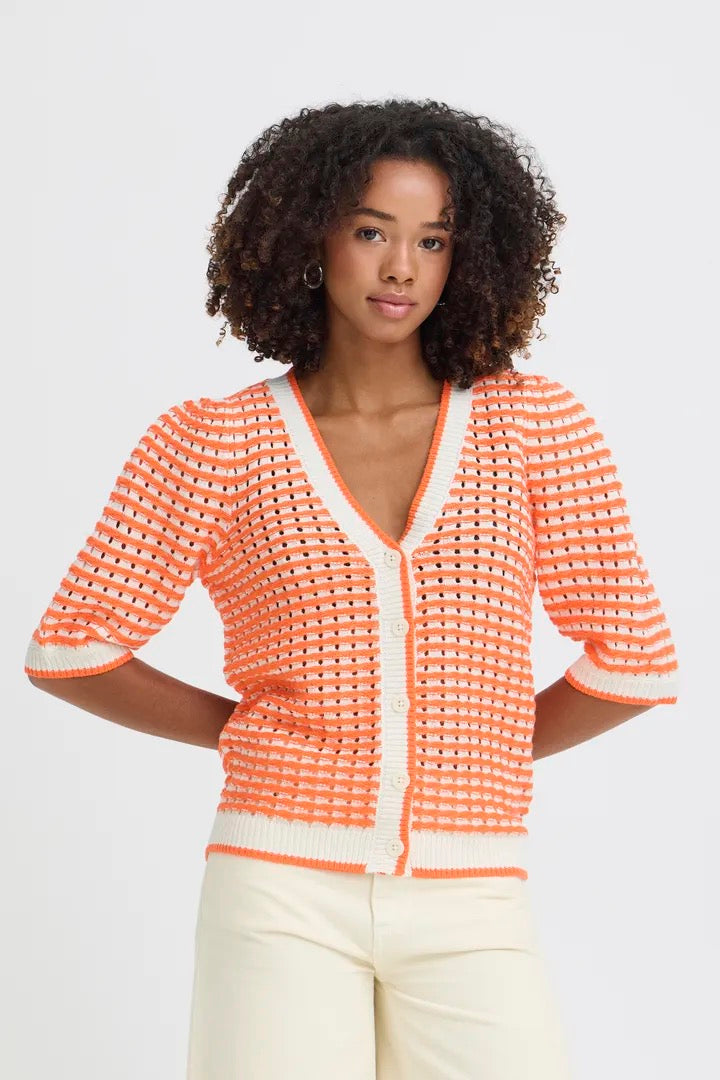 Ardina Cardigan - Birch/Mandarin Red Stripe