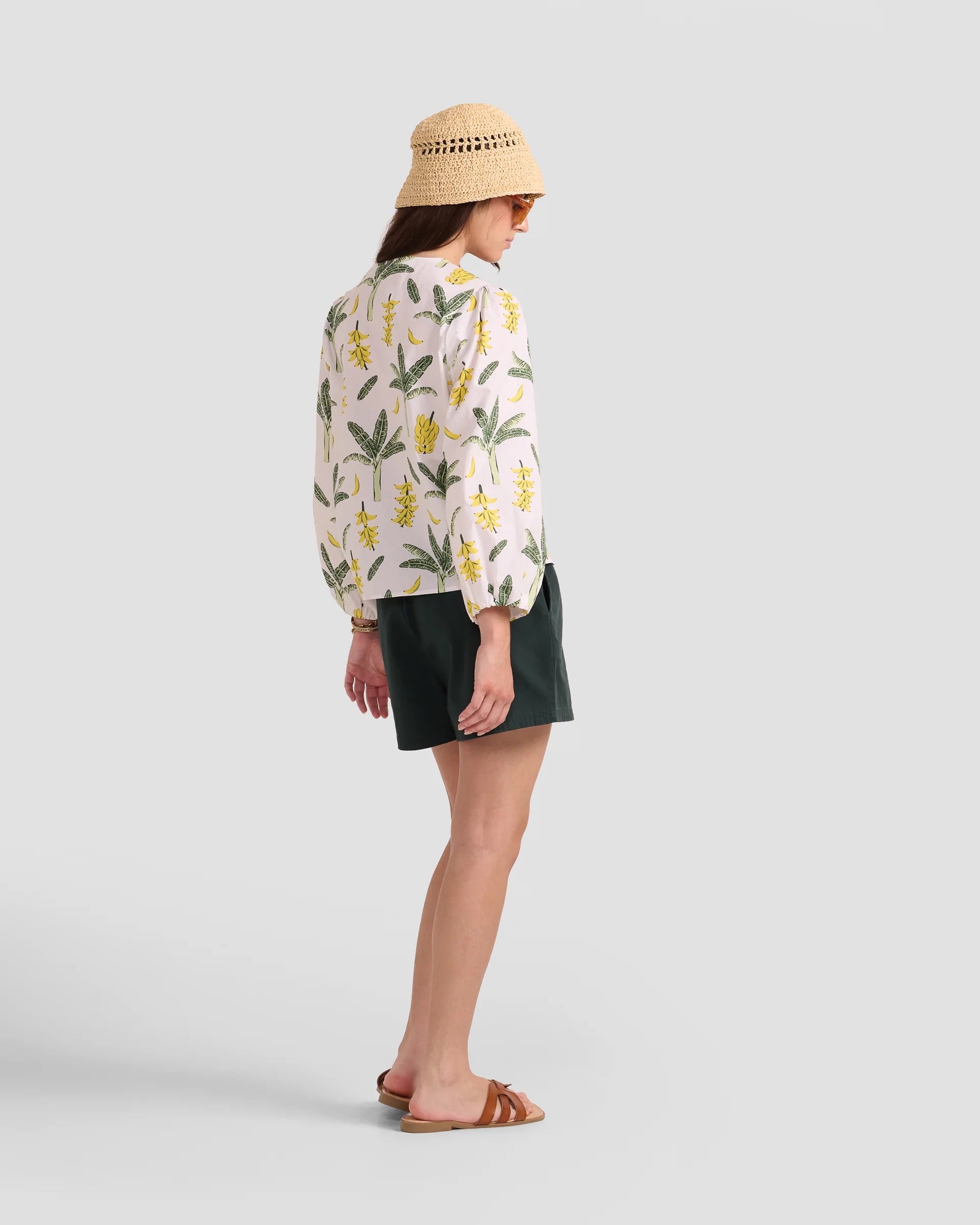 Puff Sleeve Blouse With Hand-Drawn Banana Leaf Print
