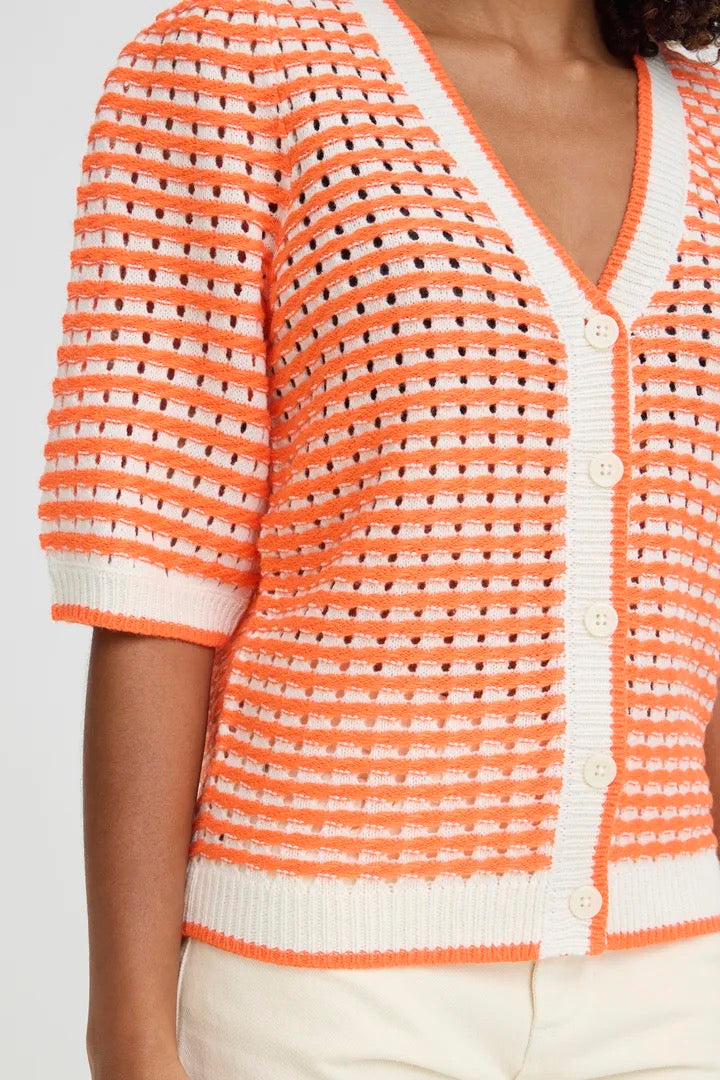Ardina Cardigan - Birch/Mandarin Red Stripe