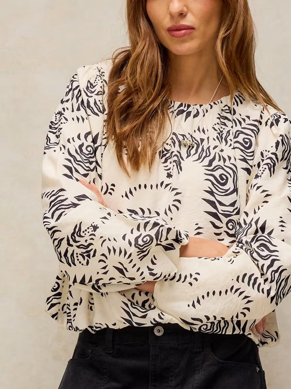 Lyra Bubble Hem Top - Ivory Print
