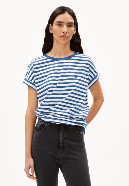 Idaara Stripes Organic Cotton T Shirt - White/Dark Morning