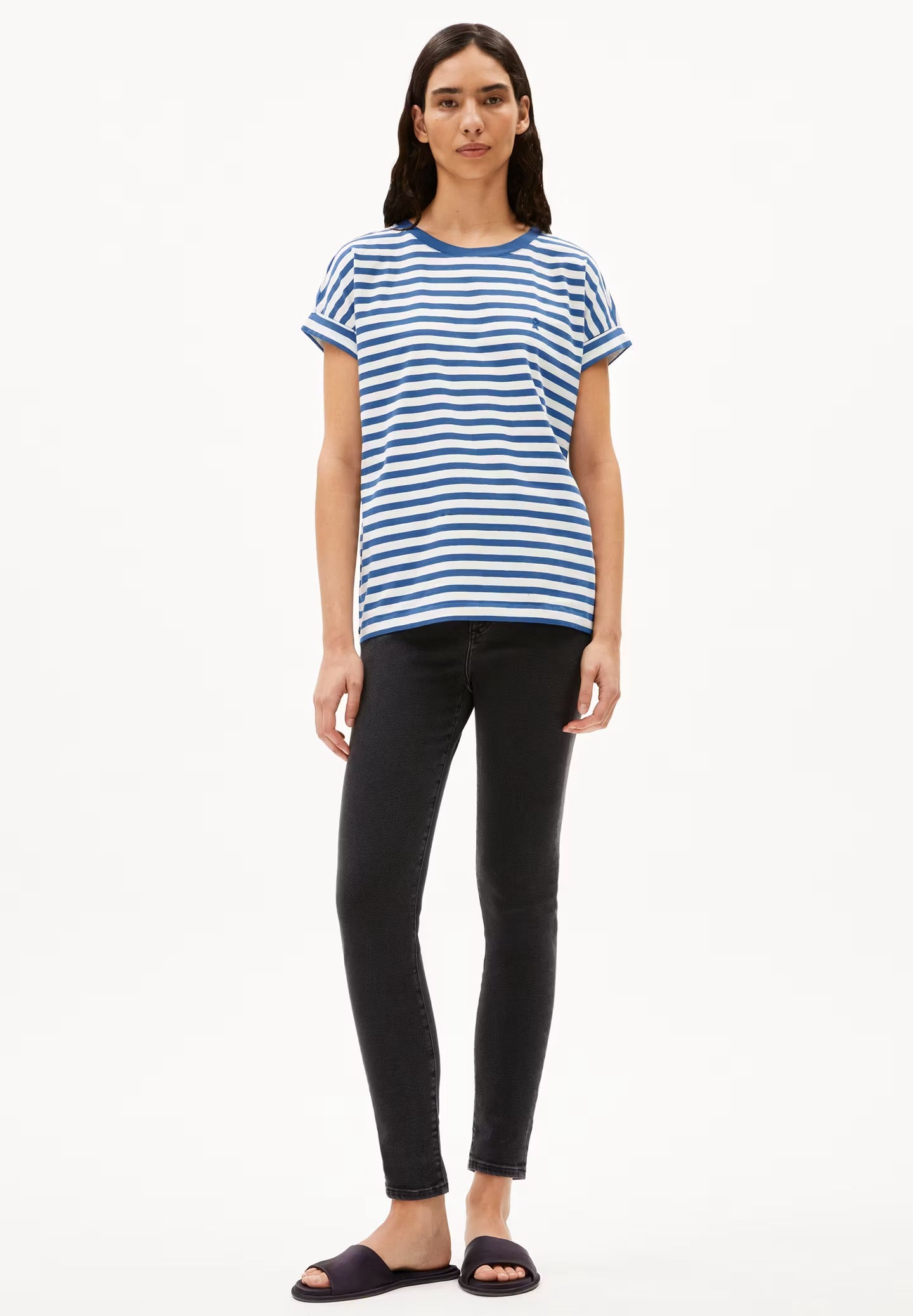 Idaara Stripes Organic Cotton T Shirt - White/Dark Morning