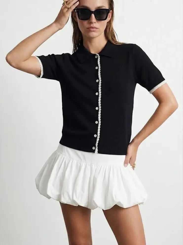 Crochet Trim Knit Polo Cardigan - Black
