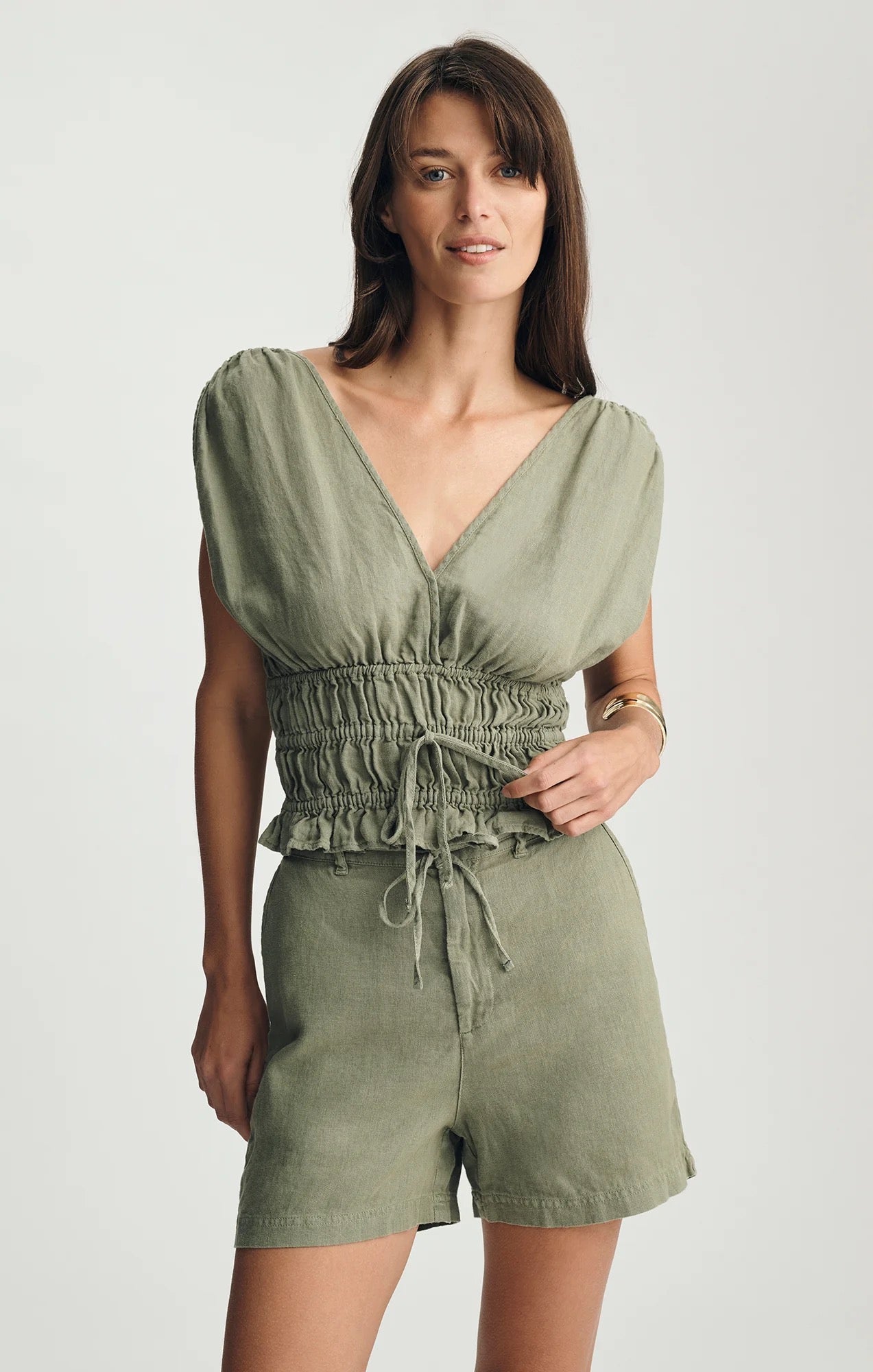 Linen Tiered V Neck Tank - Sea Spray