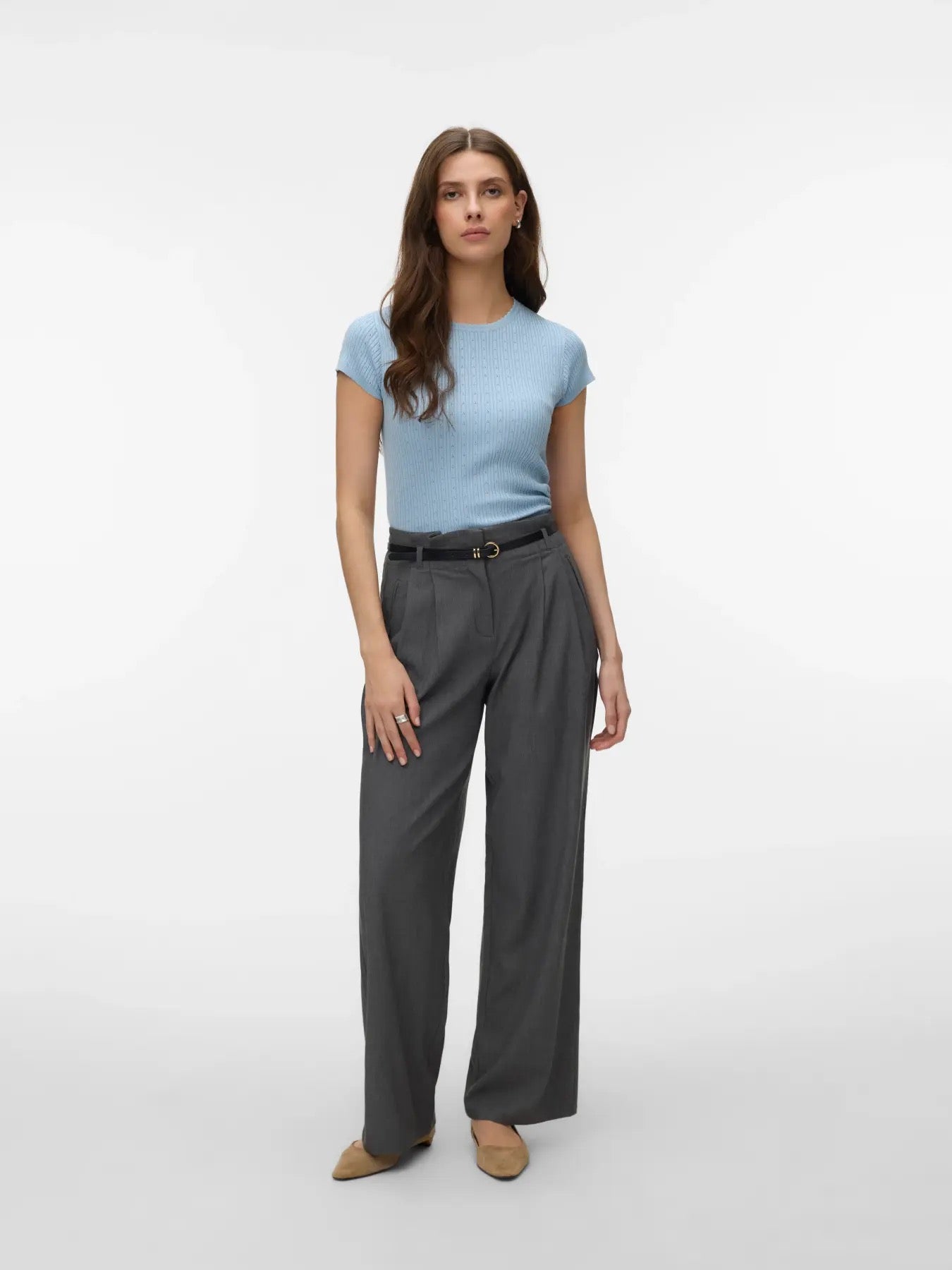 Silje Cap Sleeve O Neck Pointelle Pullover - Cashmere Blue