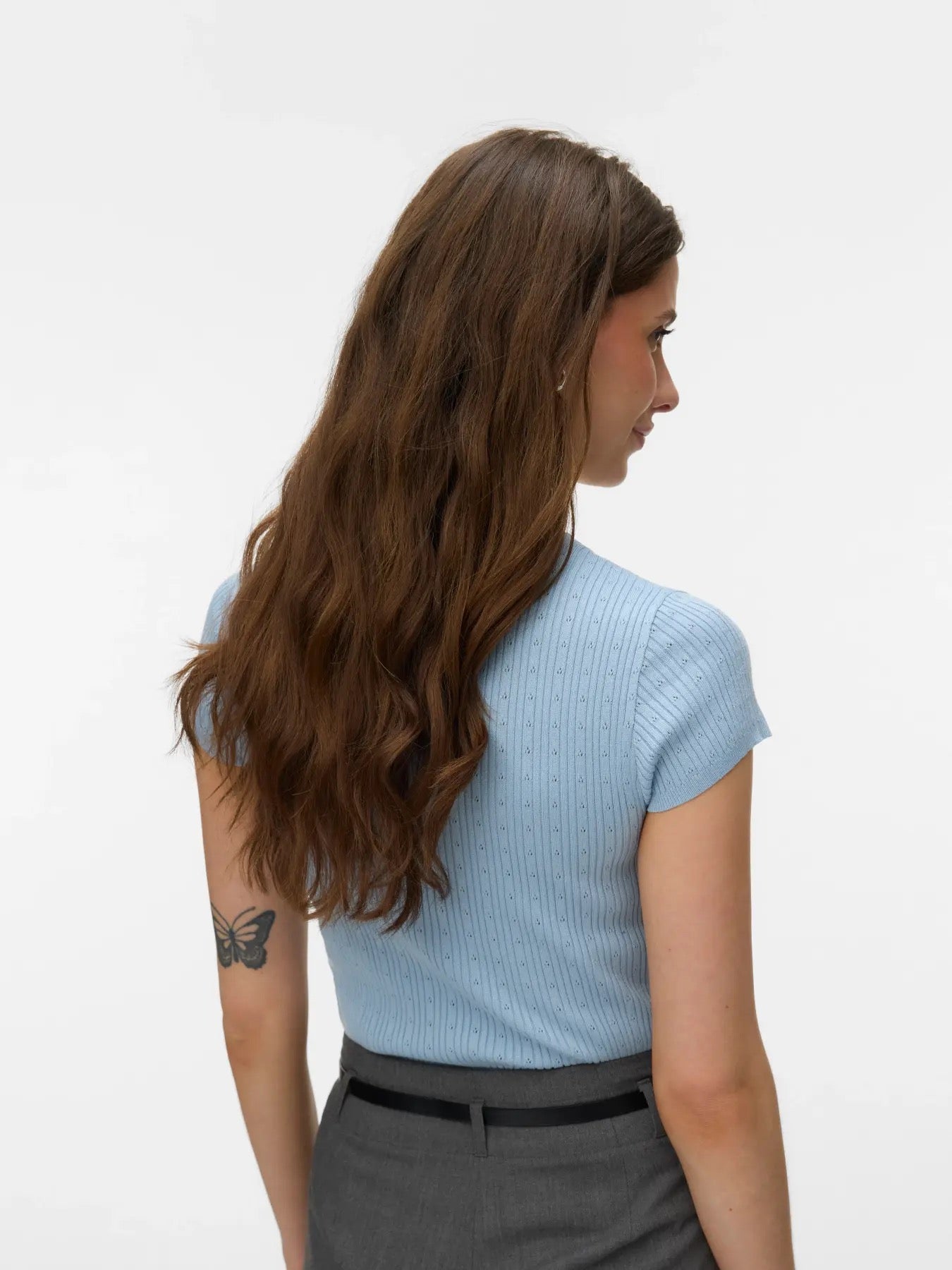 Silje Cap Sleeve O Neck Pointelle Pullover - Cashmere Blue