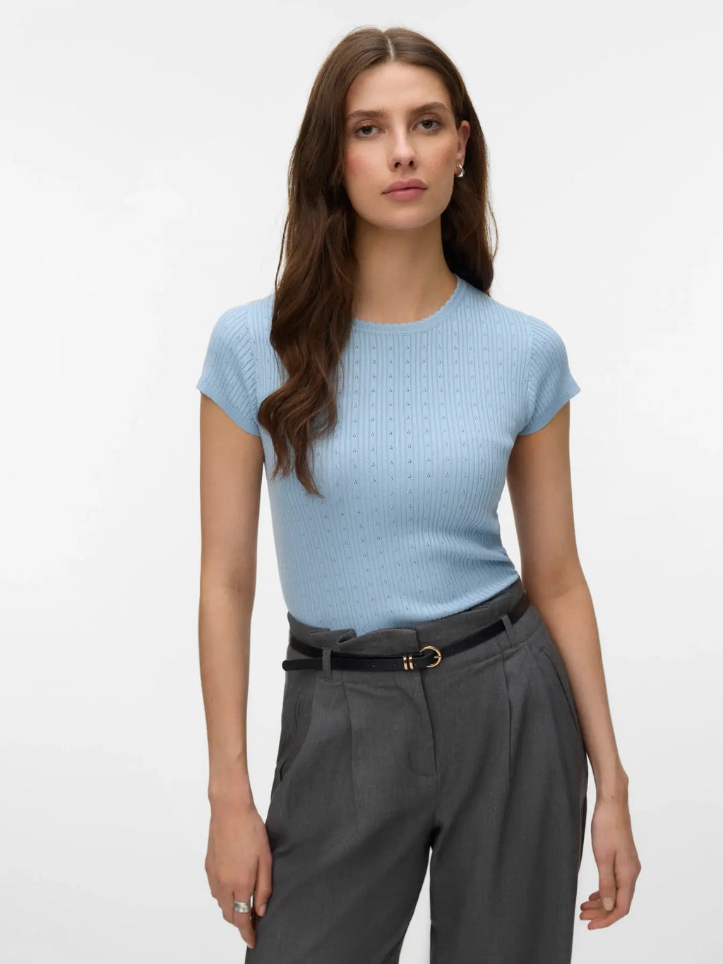Silje Cap Sleeve O Neck Pointelle Pullover - Cashmere Blue