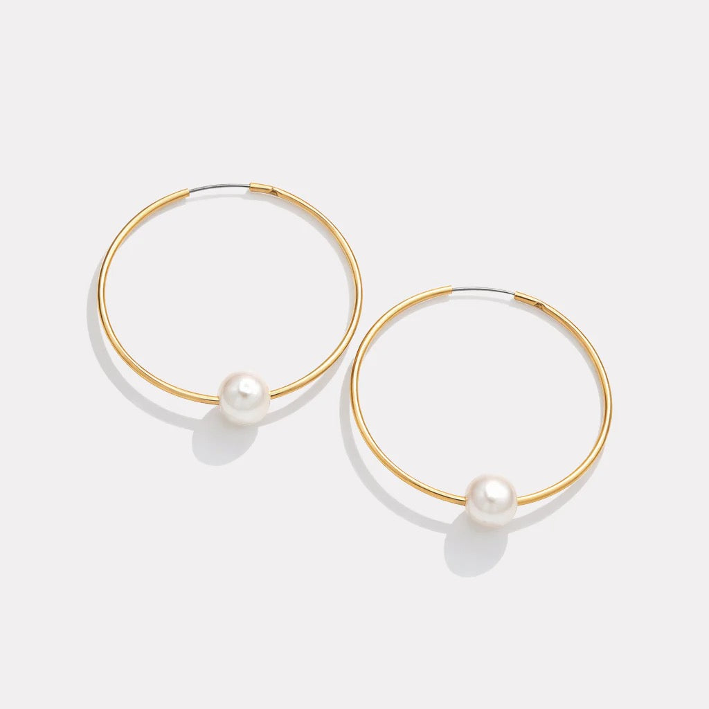 Thin Hoop Earring With Round Pearl