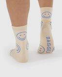 Crew Sock - Ecru Periwinkle Happy