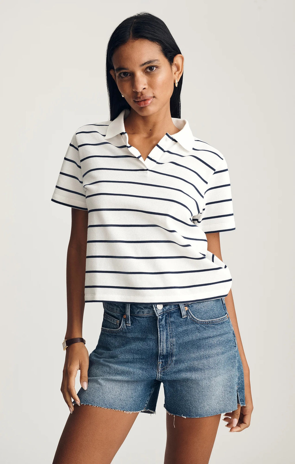 Cropped Polo T Shirt - Black Irish Stripe