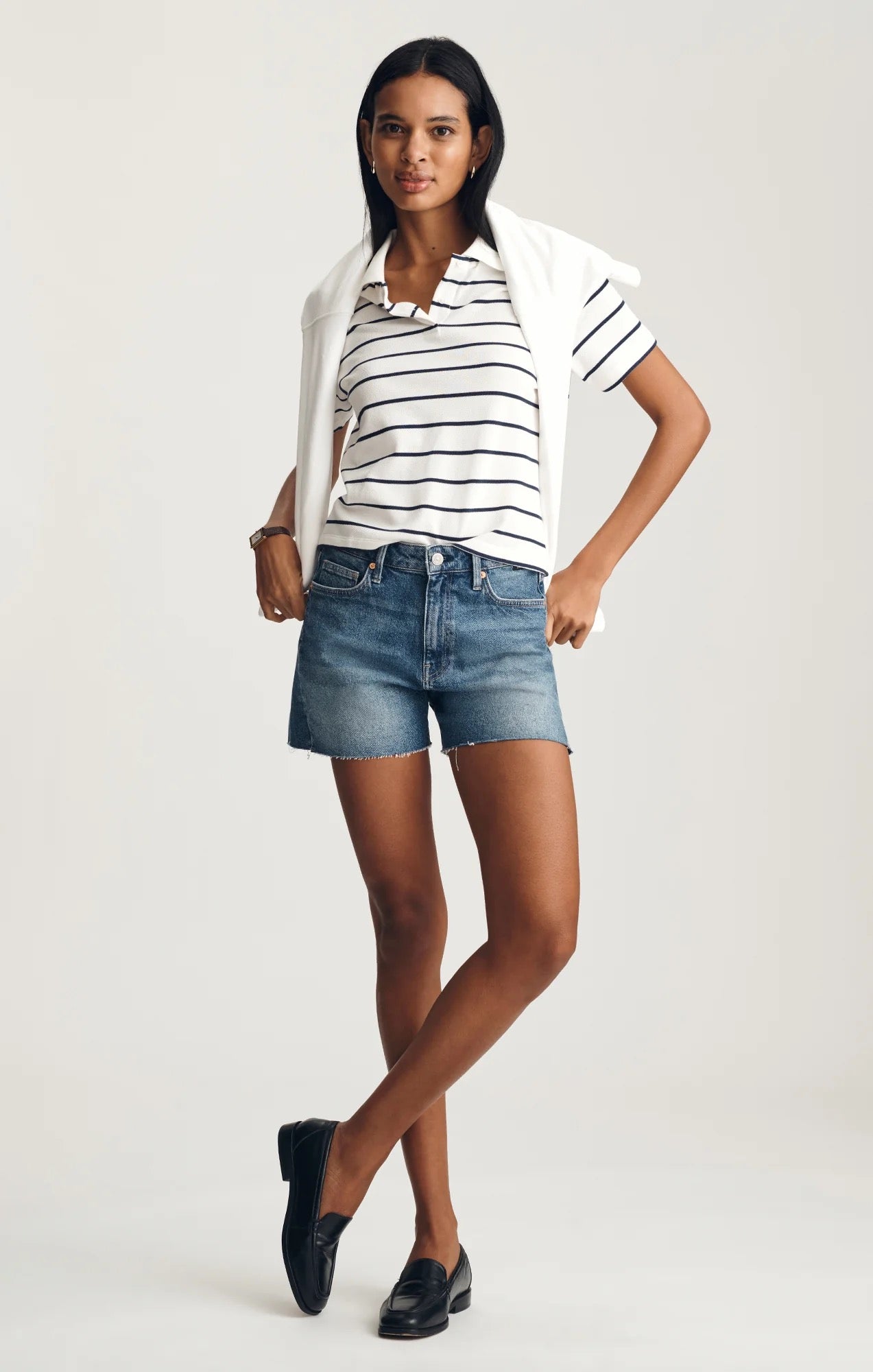 Cropped Polo T Shirt - Black Irish Stripe
