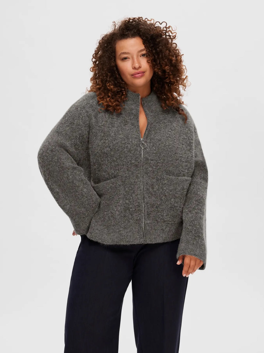 Sia Knit Zip Cardigan - Medium Grey Melange
