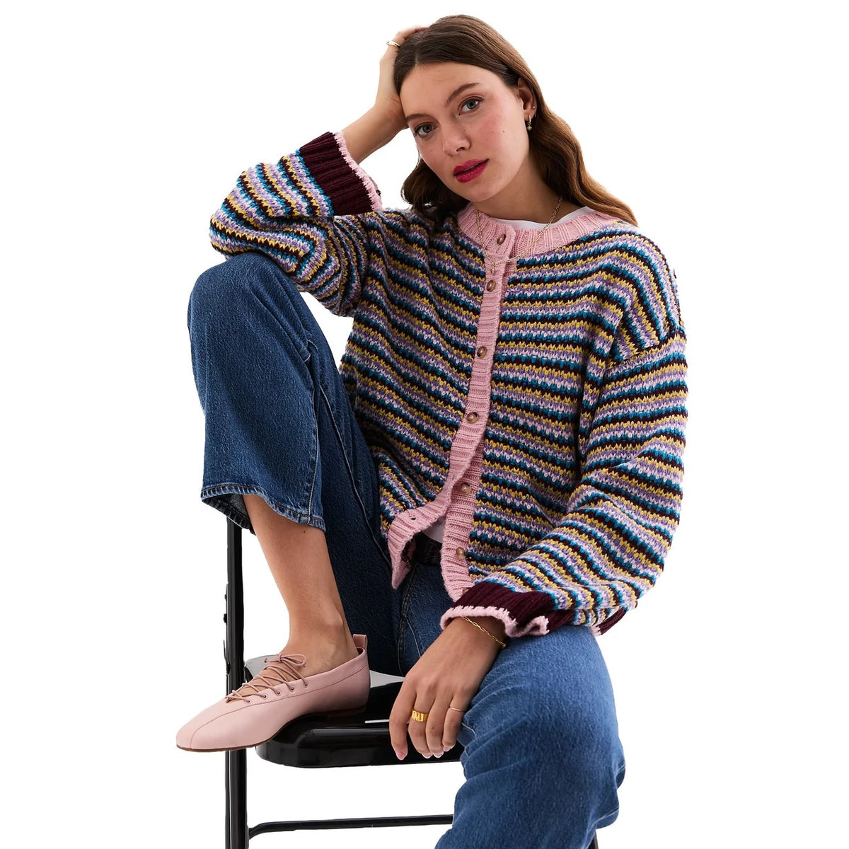 Clarisse Stripe Cardigan - Burgundy