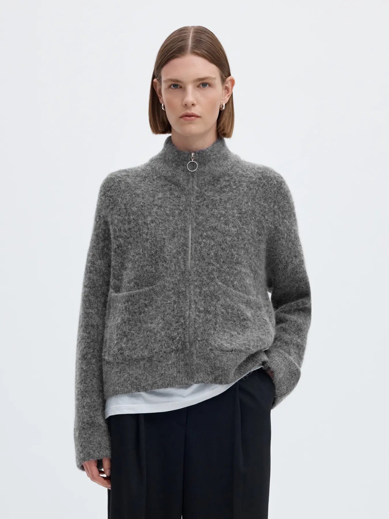 Sia Knit Zip Cardigan - Medium Grey Melange