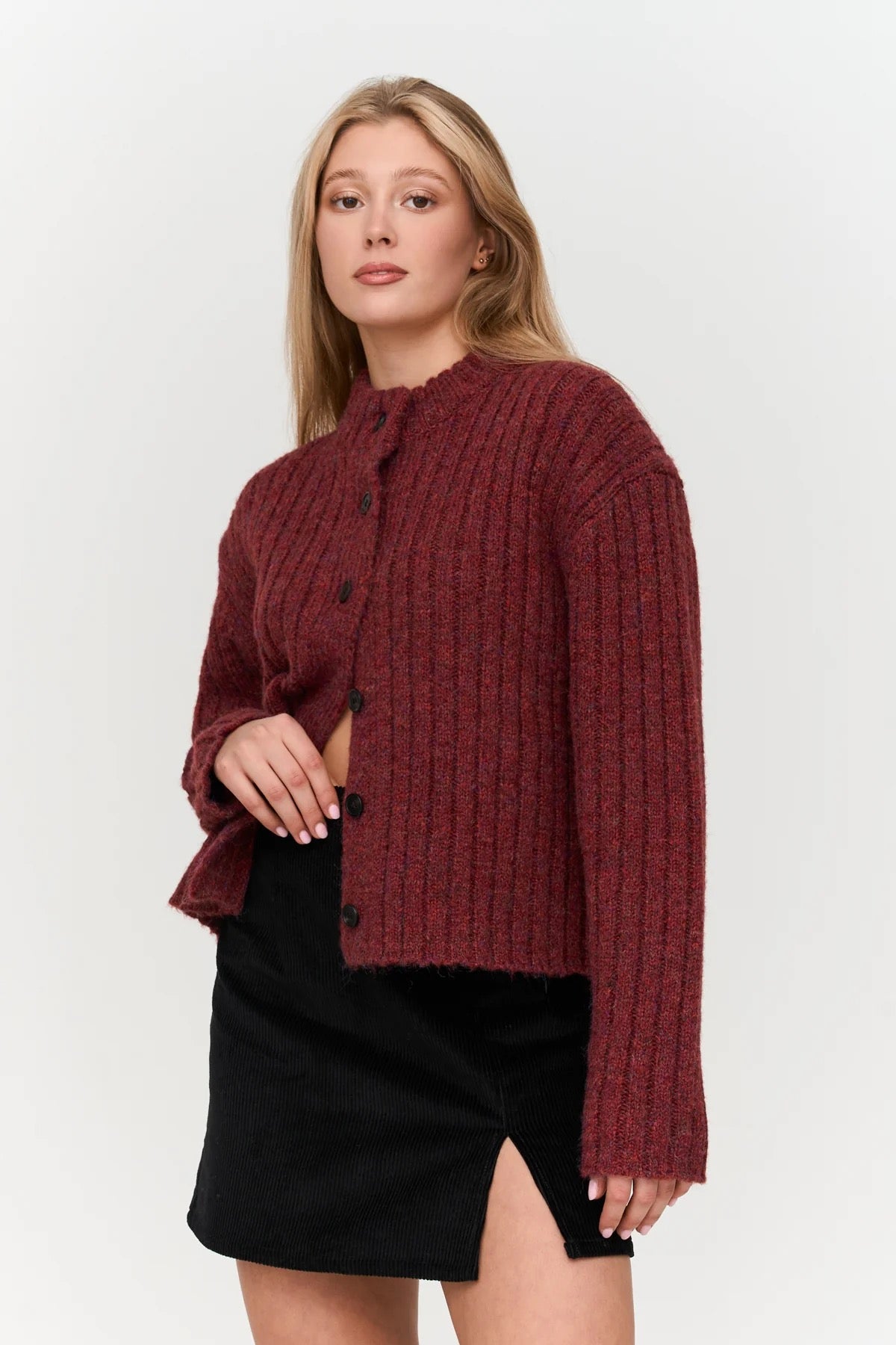 Ribbed Knitted Mockneck Cardigan