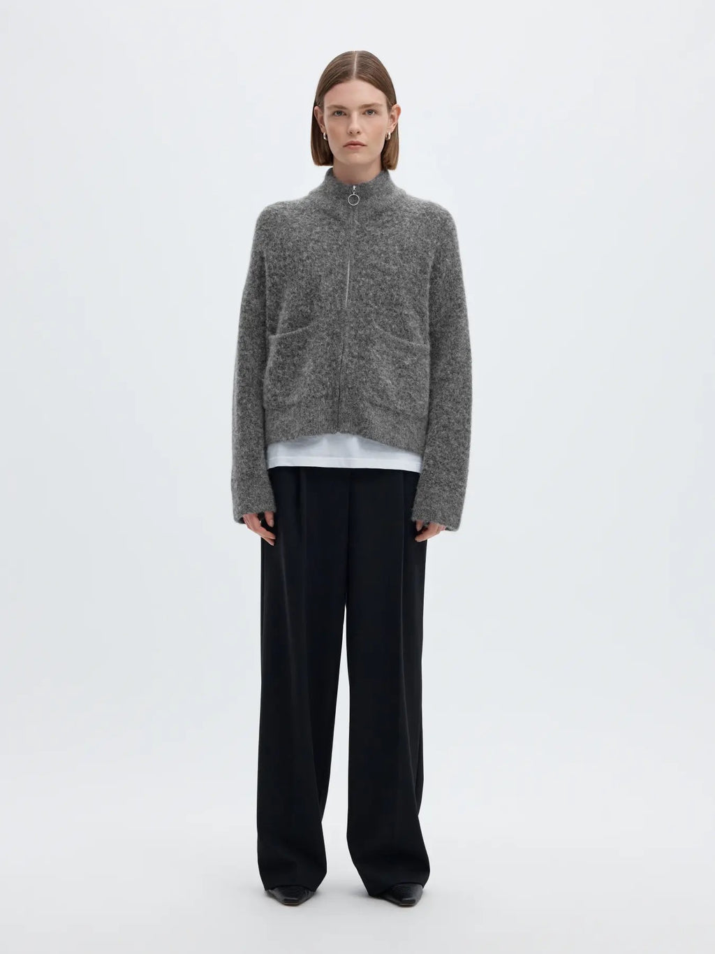 Sia Knit Zip Cardigan - Medium Grey Melange