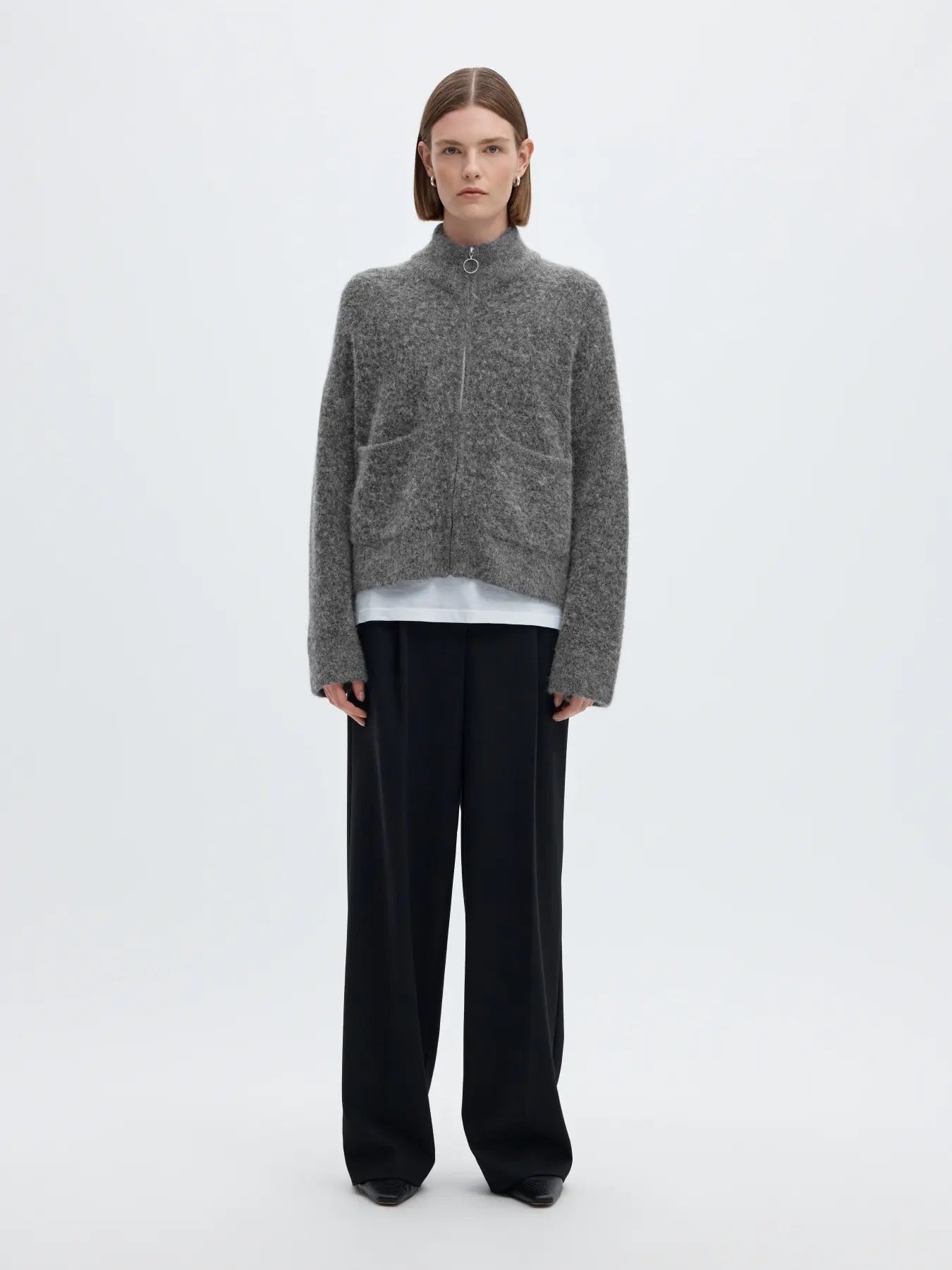 Sia Knit Zip Cardigan - Medium Grey Melange