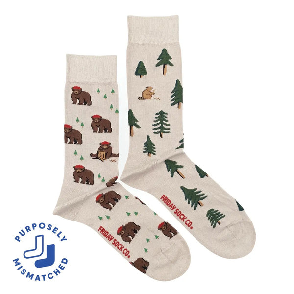 Bear In Hat & Trees Mismatched Socks M