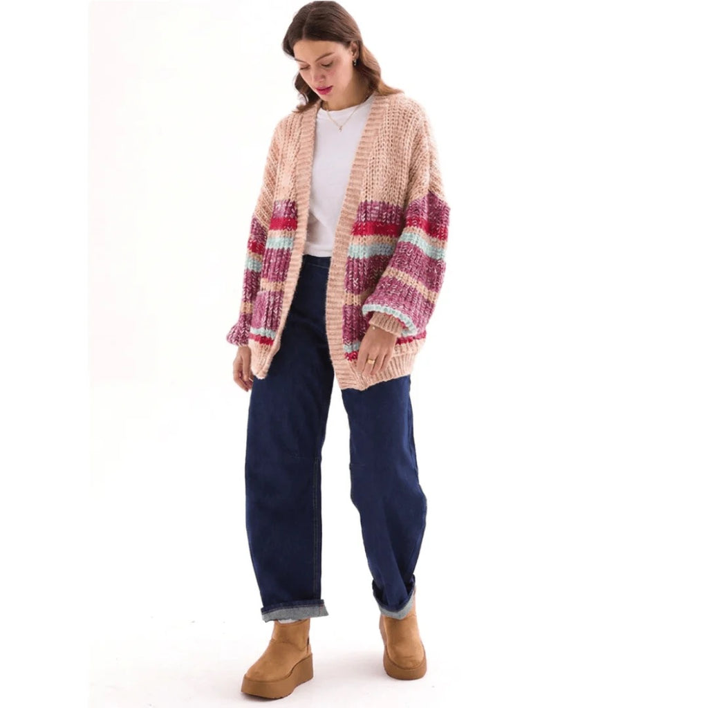 Janie Chunky Stripe Balloon Sleeve Cardigan - Beige