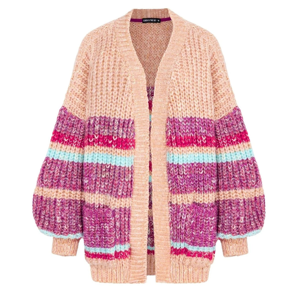 Janie Chunky Stripe Balloon Sleeve Cardigan - Beige