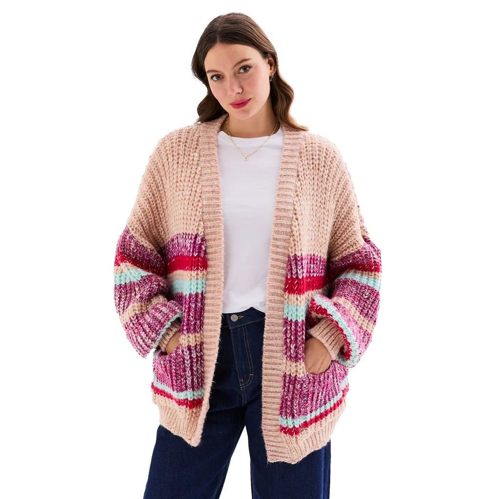 Janie Chunky Stripe Balloon Sleeve Cardigan - Beige
