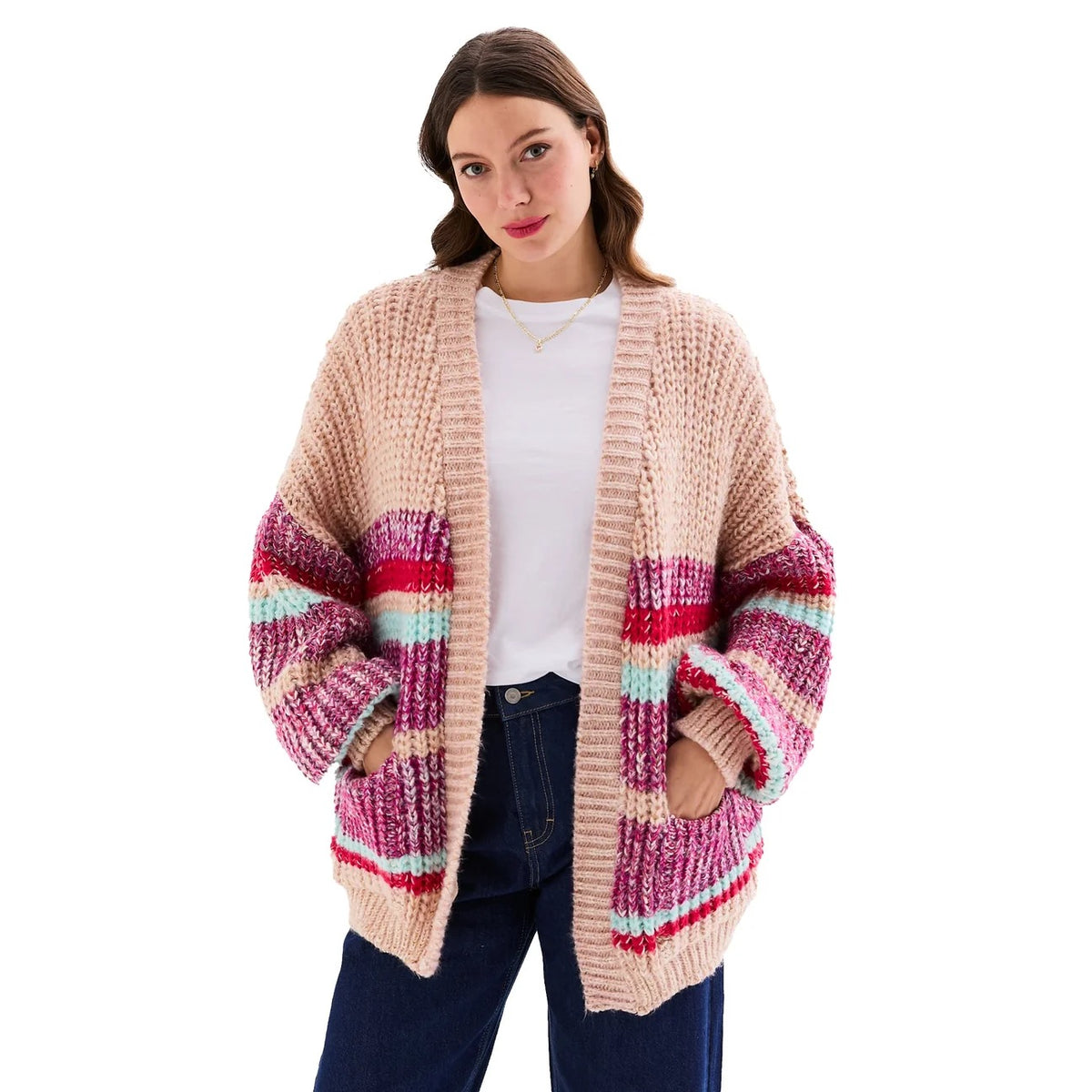 Janie Chunky Stripe Balloon Sleeve Cardigan - Beige
