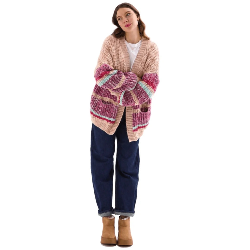 Janie Chunky Stripe Balloon Sleeve Cardigan - Beige