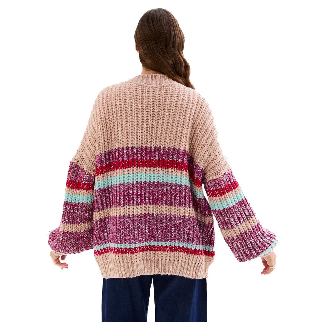 Janie Chunky Stripe Balloon Sleeve Cardigan - Beige