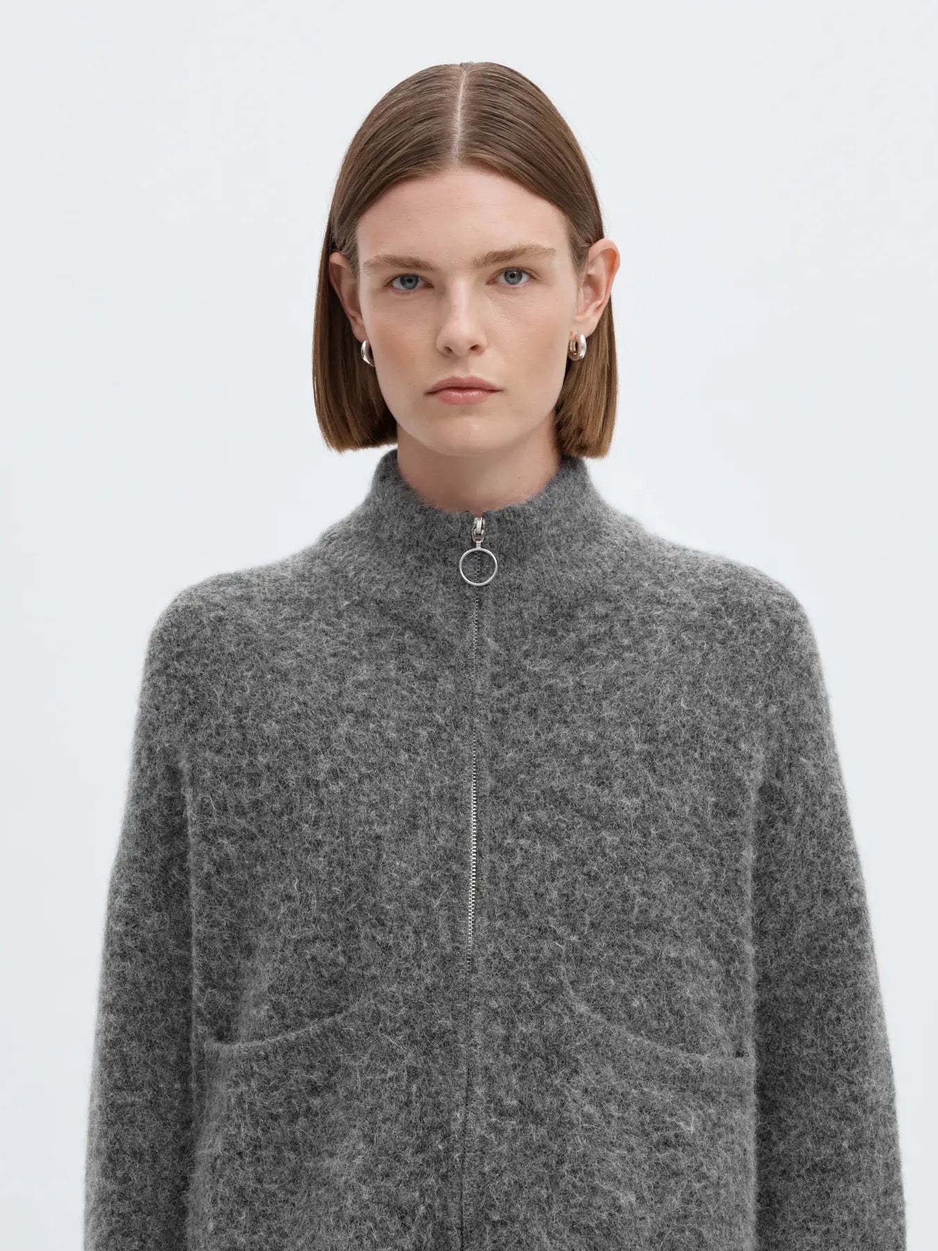 Sia Knit Zip Cardigan - Medium Grey Melange