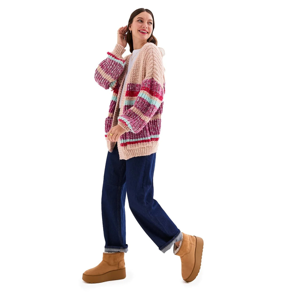 Janie Chunky Stripe Balloon Sleeve Cardigan - Beige