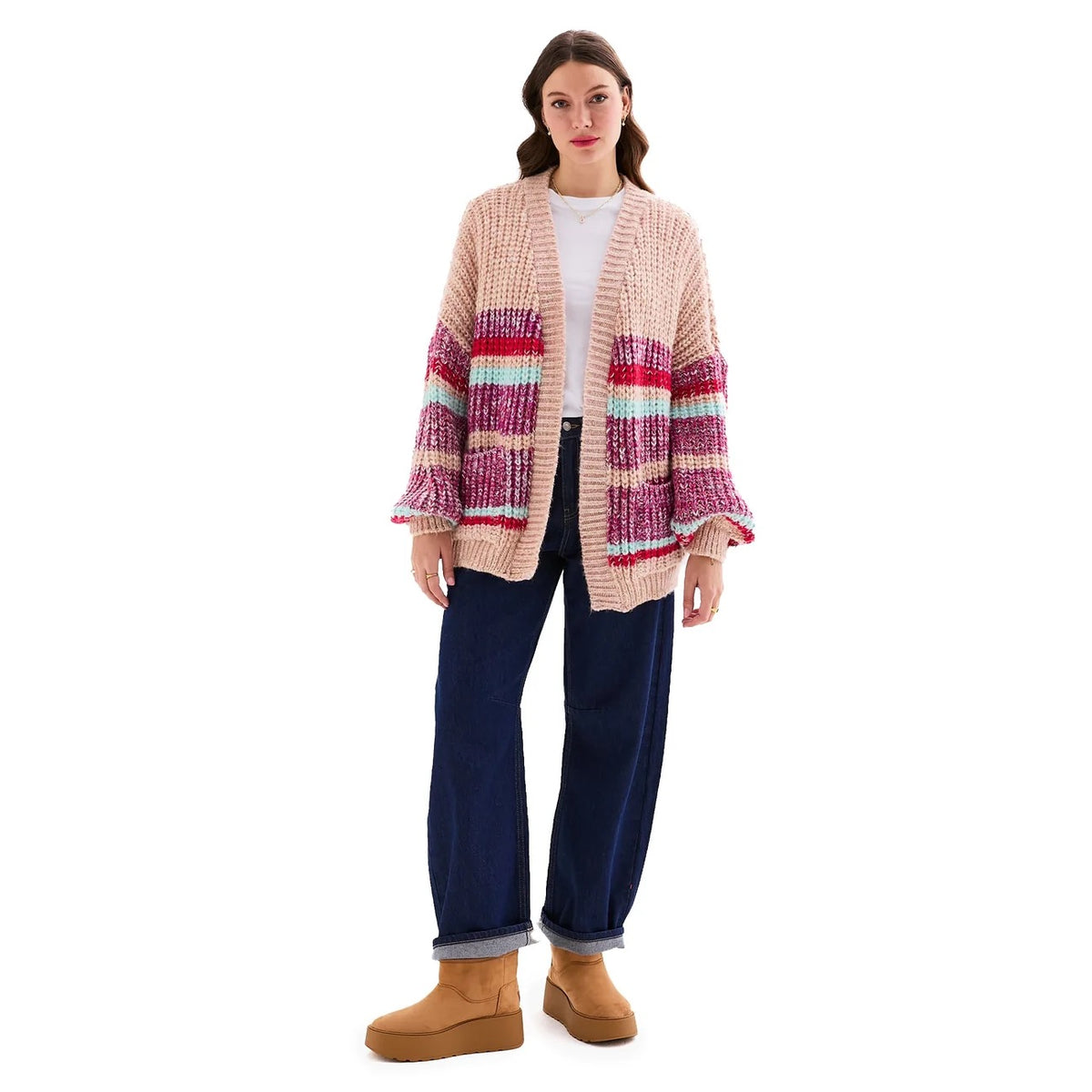 Janie Chunky Stripe Balloon Sleeve Cardigan - Beige
