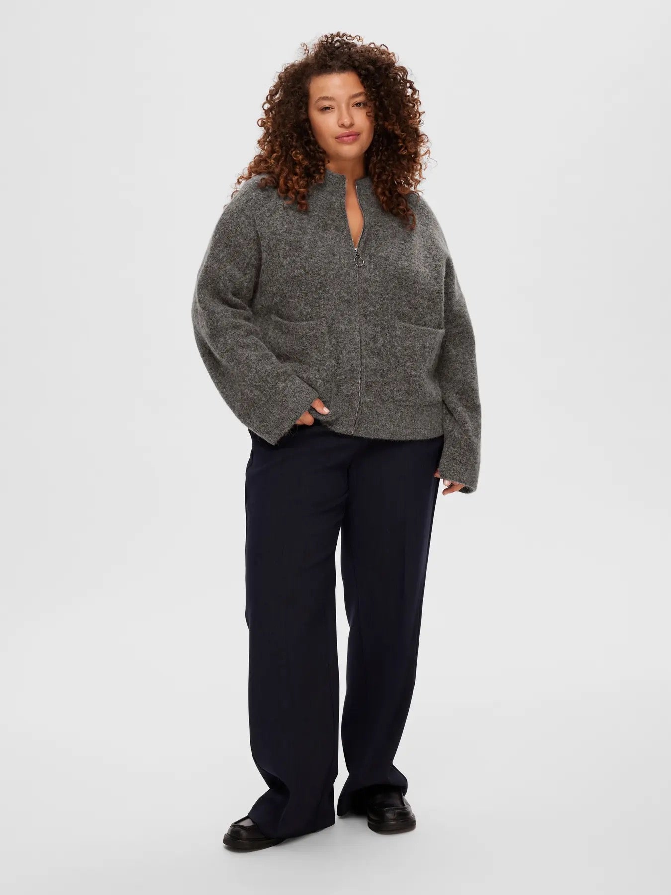 Sia Knit Zip Cardigan - Medium Grey Melange